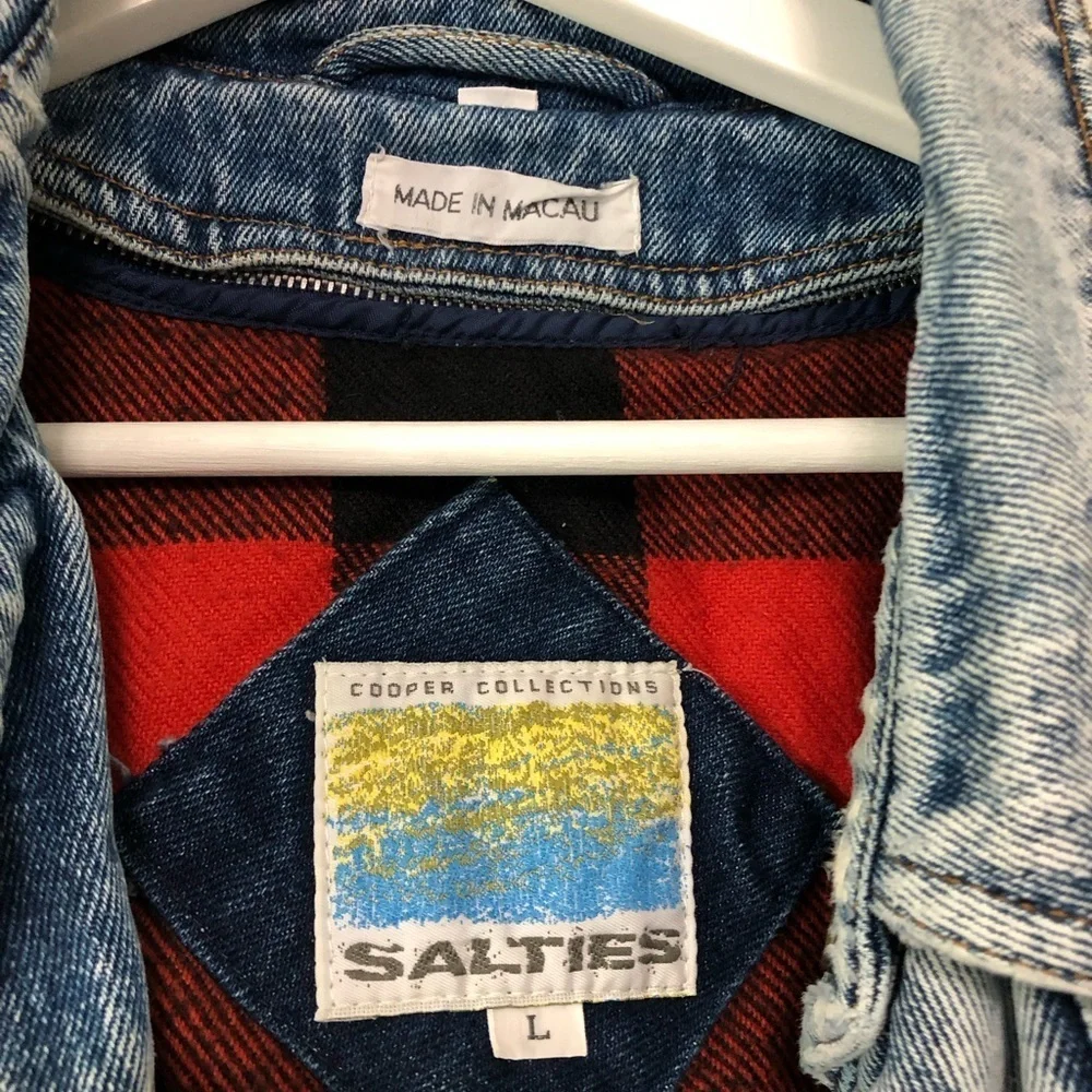 Vintage Salties Acid Wash Denim Jacket Plaid Insert Large Y2K